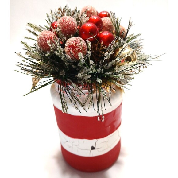 Christmas Arrangement Red Gold Painted Crackle Mason Jar Farmhouse Shabby Chic - Picture 5 of 8